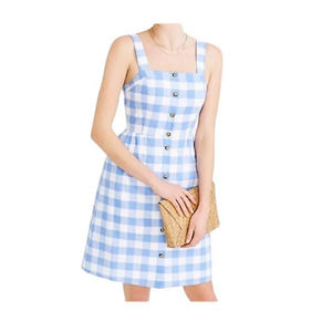 J. Crew Women's Tank Dress Blue White Gingham Print Button Front Linen 6